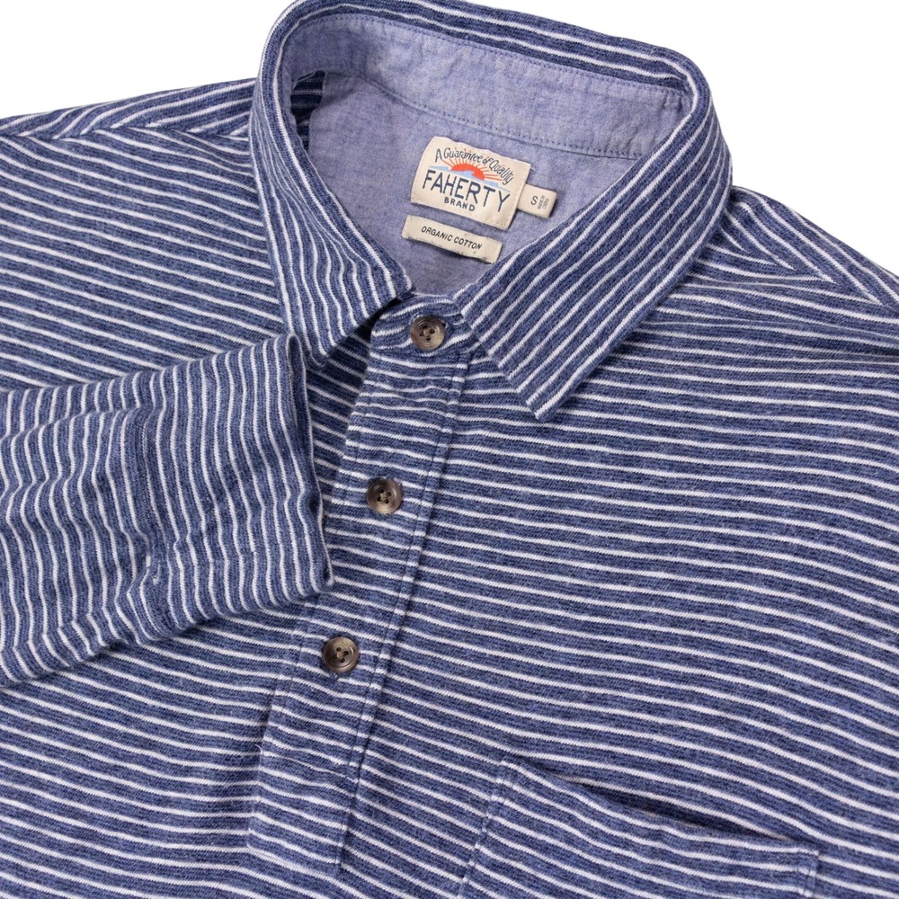 Faherty Long Sleeve Polo Mens S Blue White Organic Cotton Striped Pocket